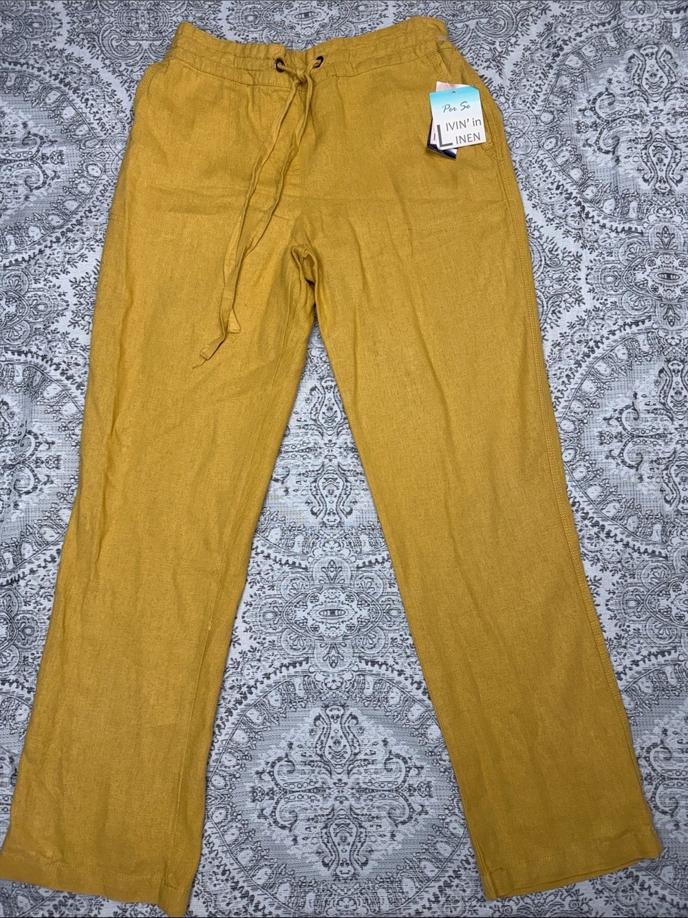 Per Se Livin' In Linen Drawstring Linen Pants - Mustard Yellow - Small